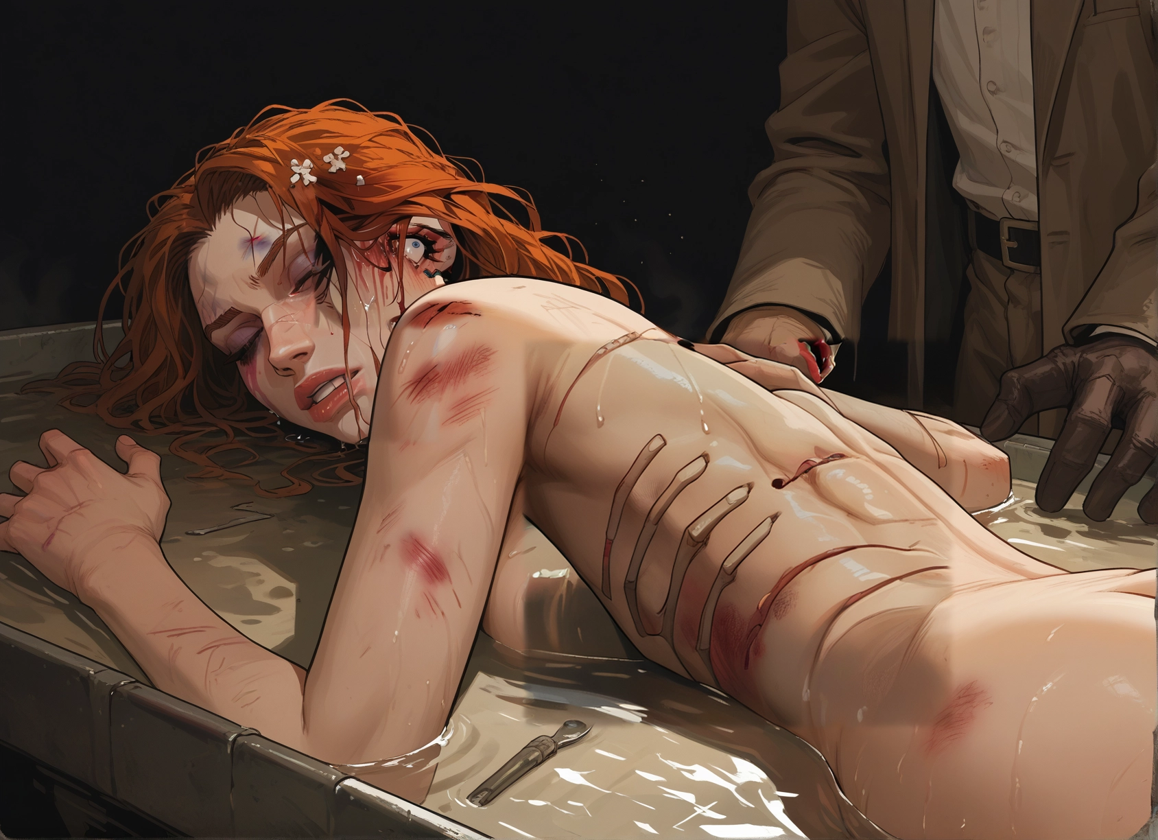 1girl, nude, injury, bathtub, 1boy, closed eyes