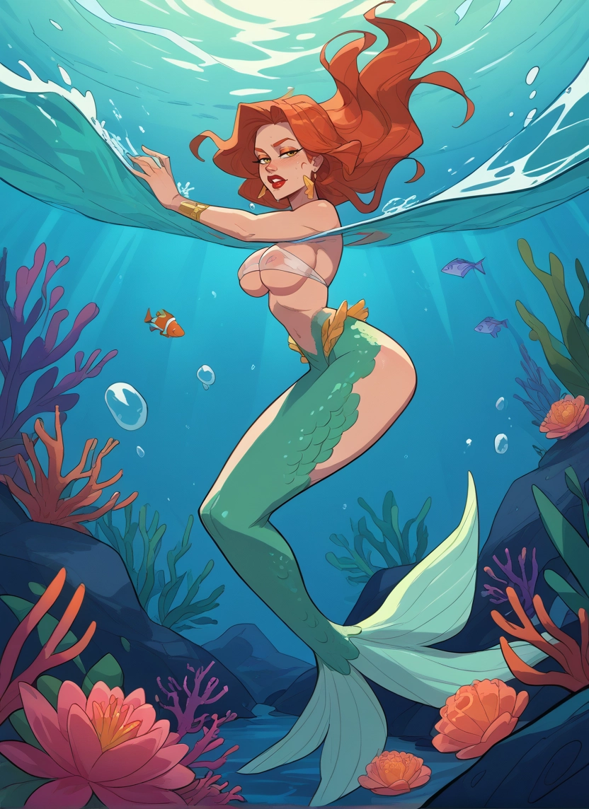 1girl, breasts, jewelry, monster girl, mermaid, underwater