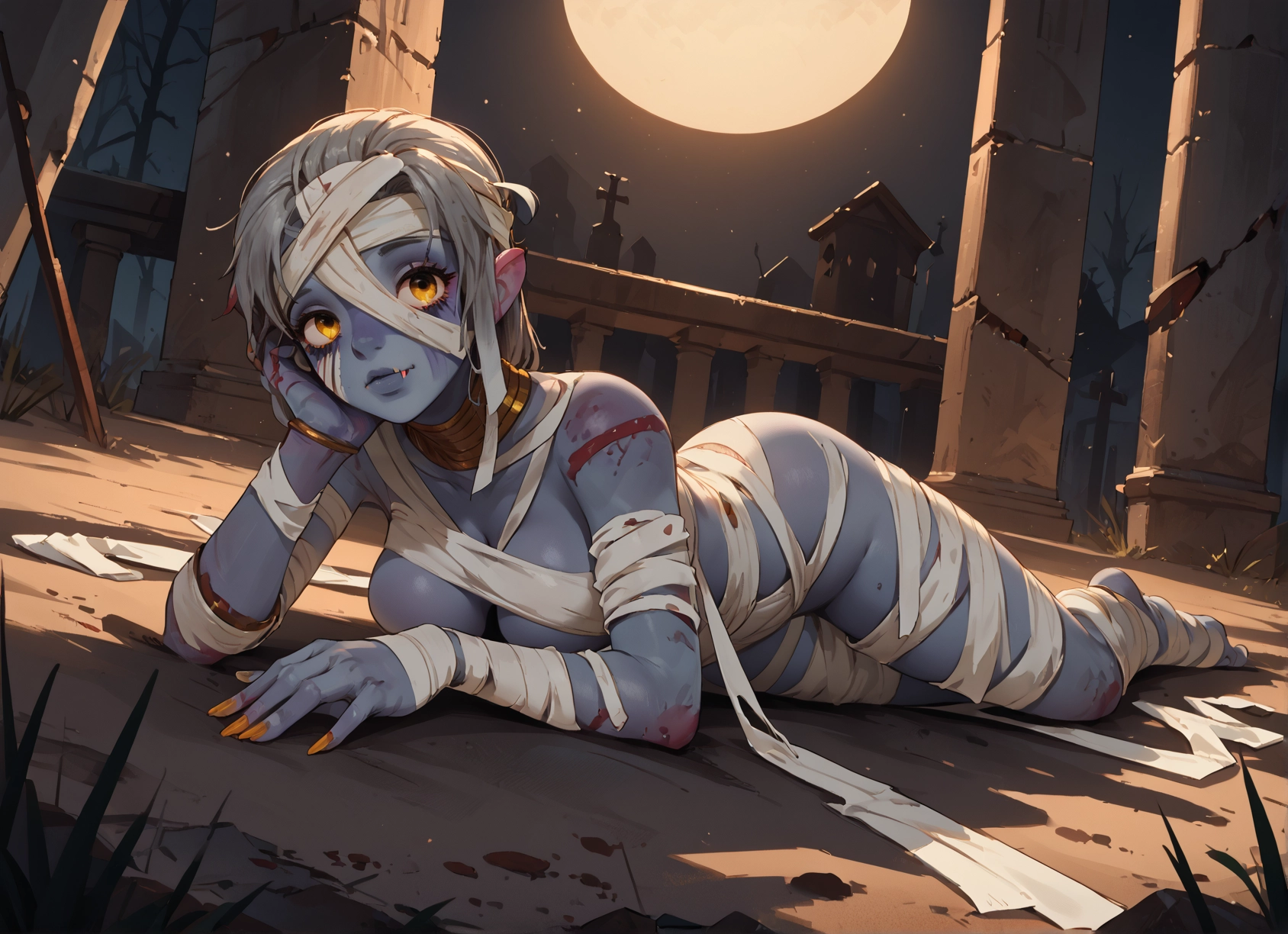 1girl, breasts, colored skin, bandages, solo, moon · Yamete.gg