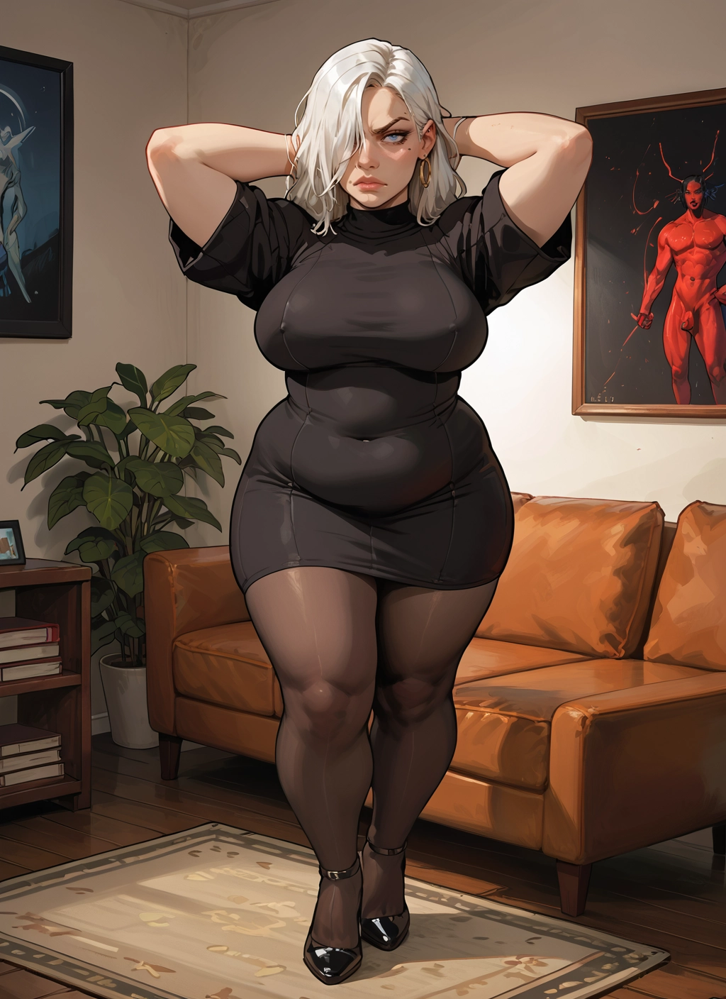 breasts, 1girl, jewelry, mole, earrings, hair over one eye · Yamete.gg