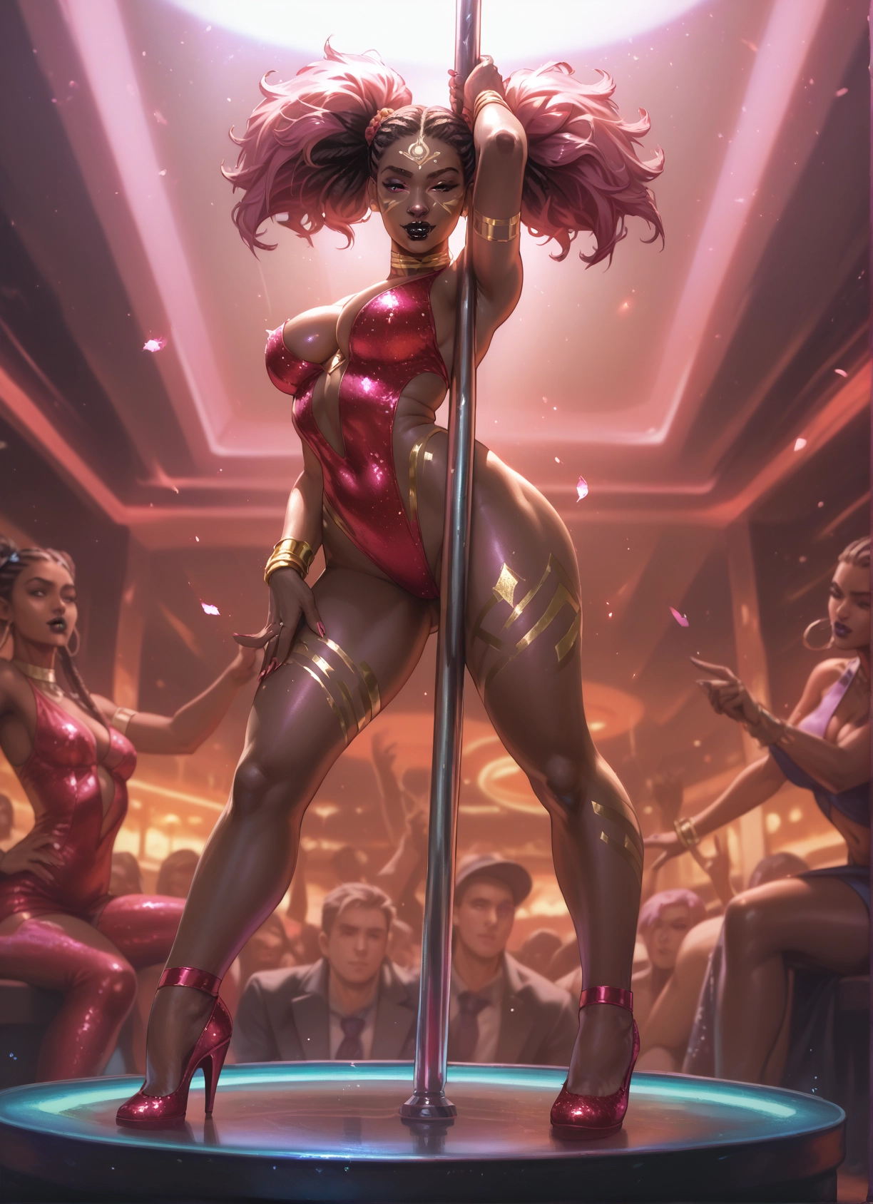 breasts, multiple girls, high heels, jewelry, twintails, stripper pole · Yamete.gg