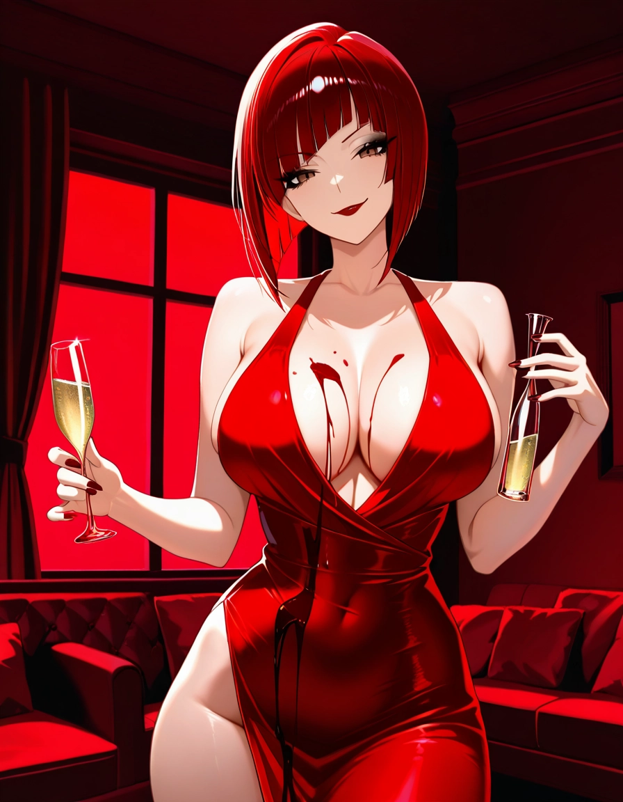 1girl, breasts, red hair, dress, cup, red dress · Yamete.gg
