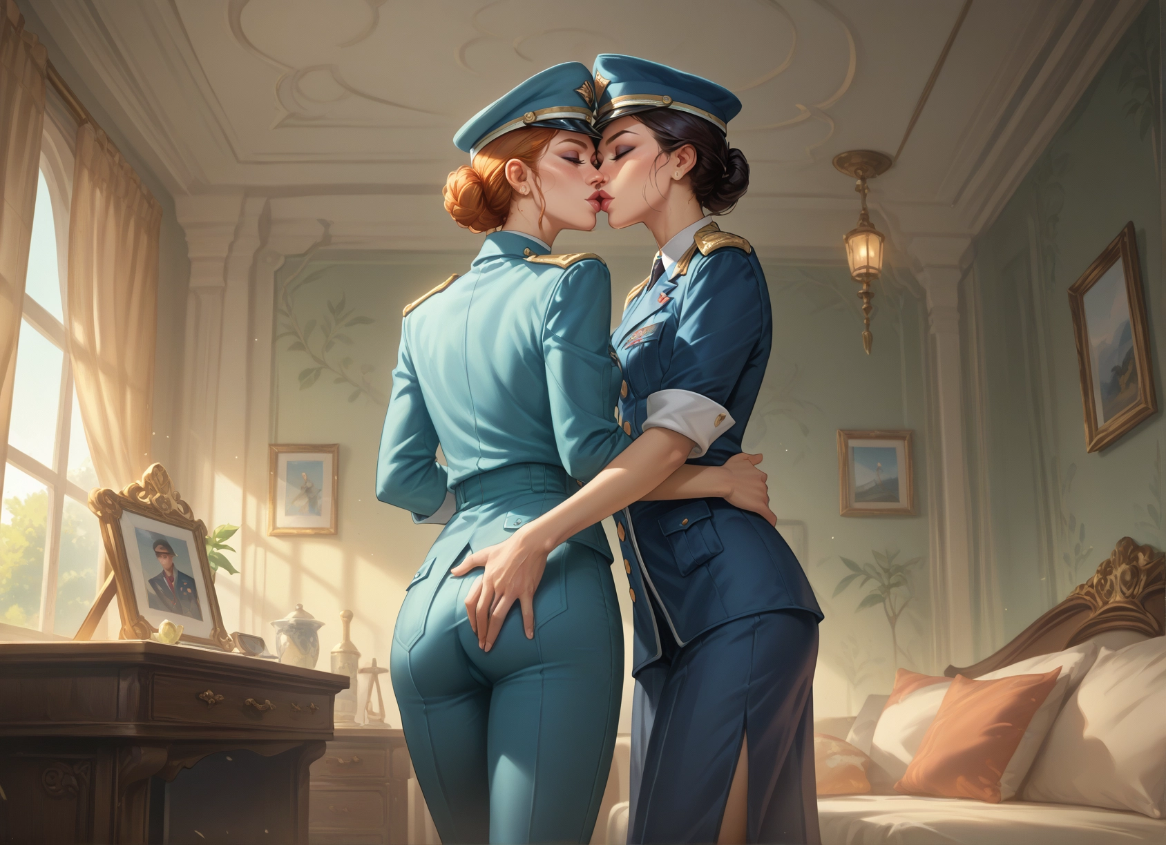 multiple girls, 2girls, yuri, uniform, kiss, hat · Yamete.gg