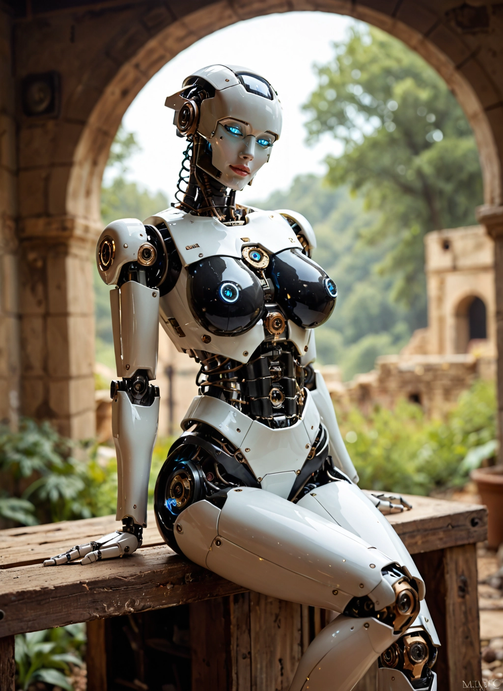 1girl, solo, sitting, blue eyes, humanoid robot, robot · Yamete.gg