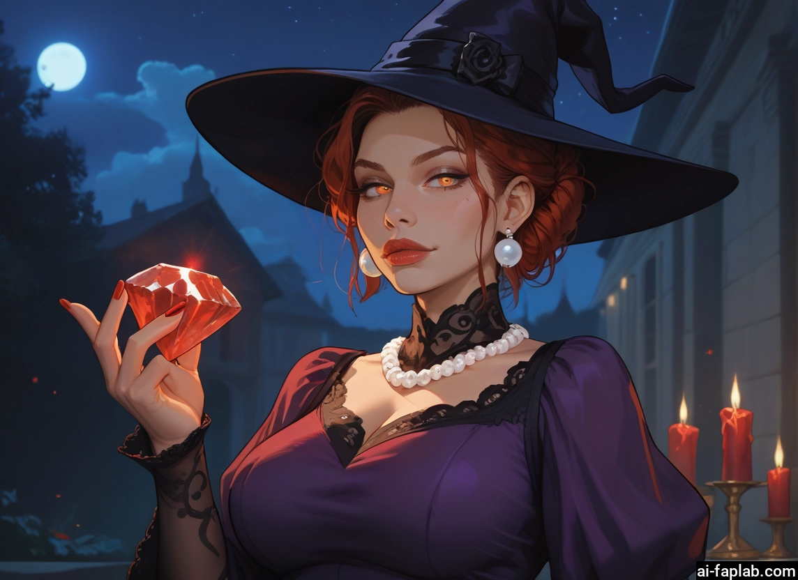 1girl, hat, witch hat, moon, jewelry, breasts · Yamete.gg