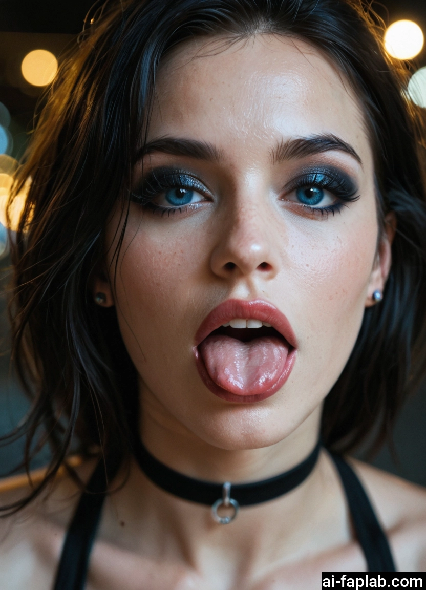 1girl, solo, blue eyes, choker, open mouth, tongue