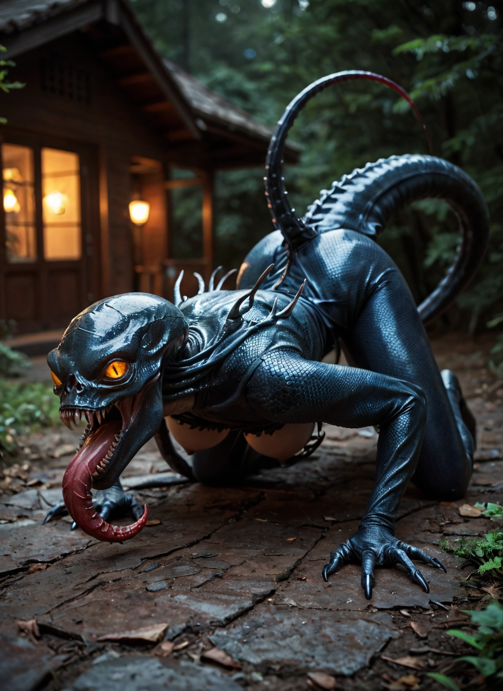 1girl, tongue, tail, solo, breasts, all fours · Yamete.gg