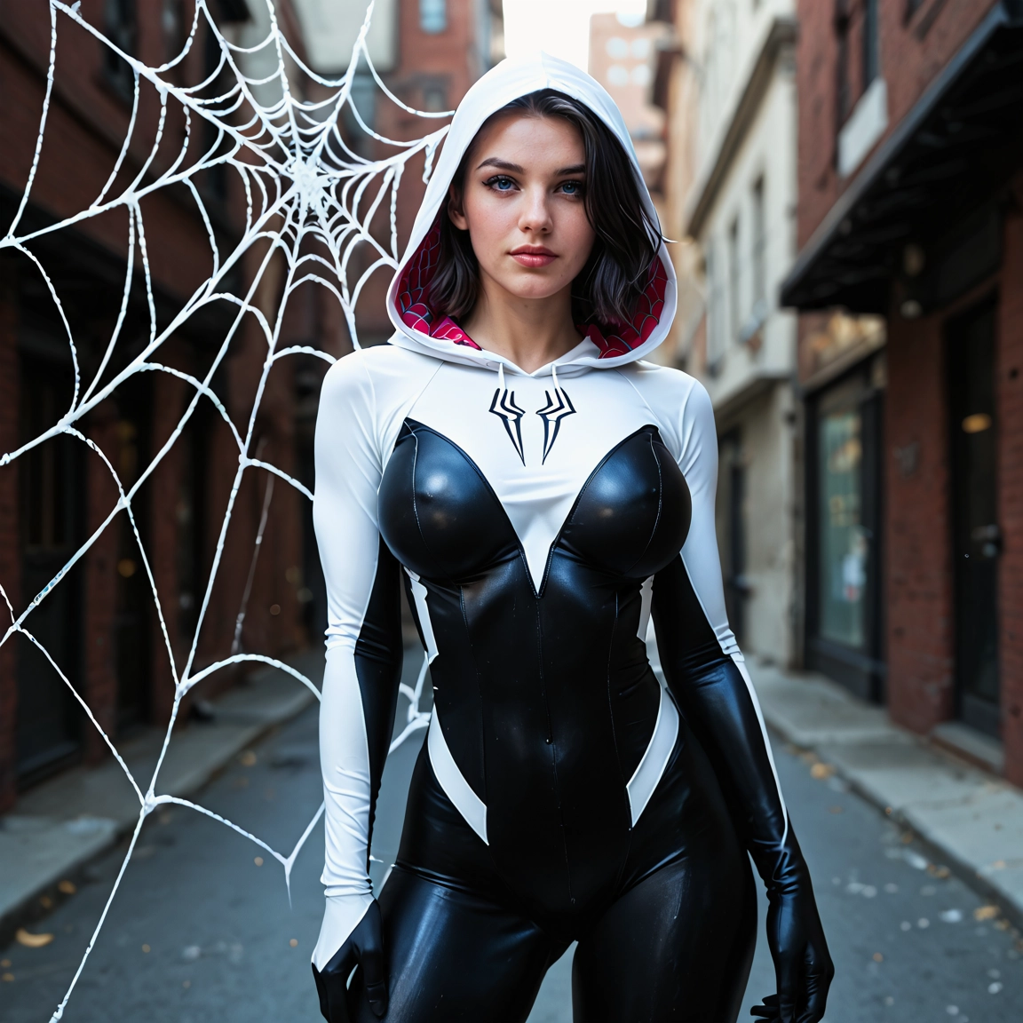 1girl, silk, spider web, bodysuit, solo, hood · Yamete.gg