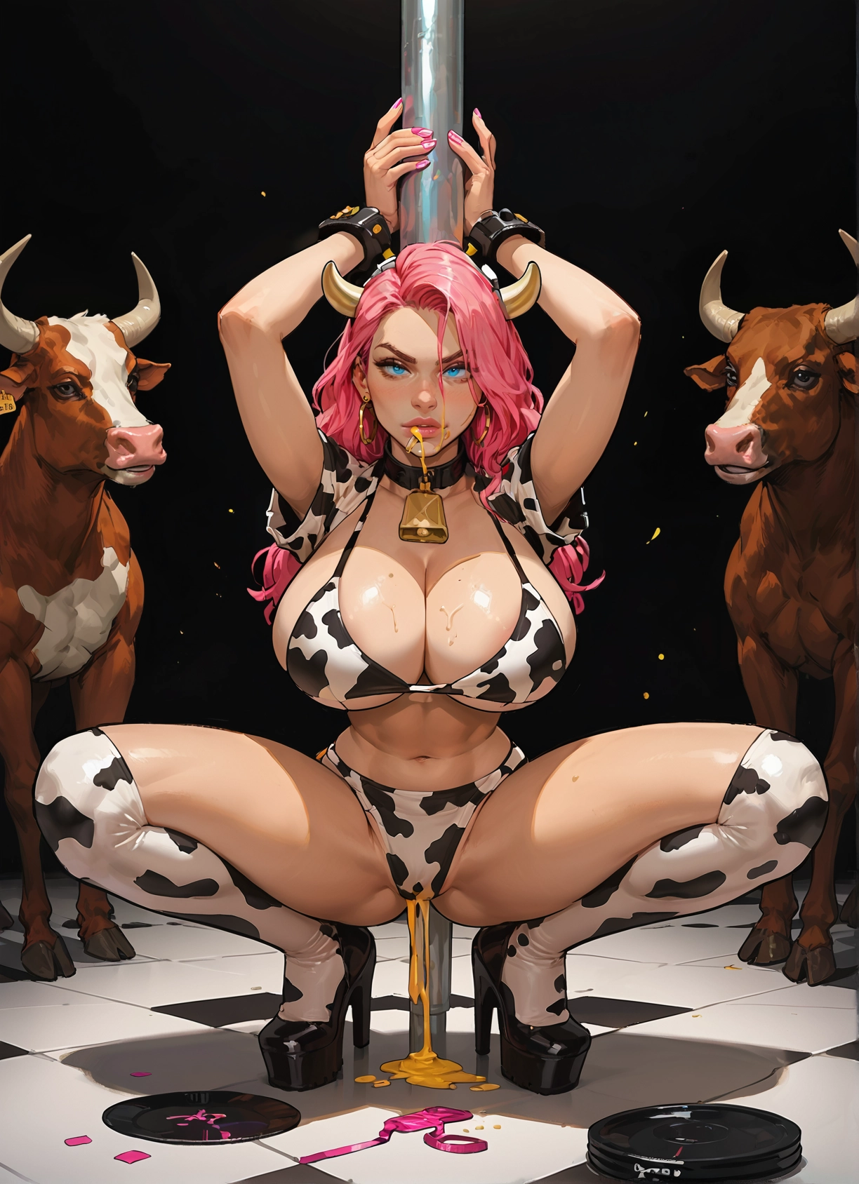 1girl, breasts, animal print, cow print, pink hair, bell · Yamete.gg