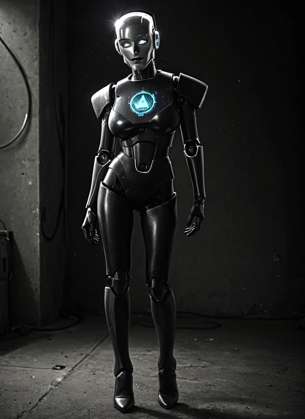 1girl, solo, science fiction, glowing, cable, robot