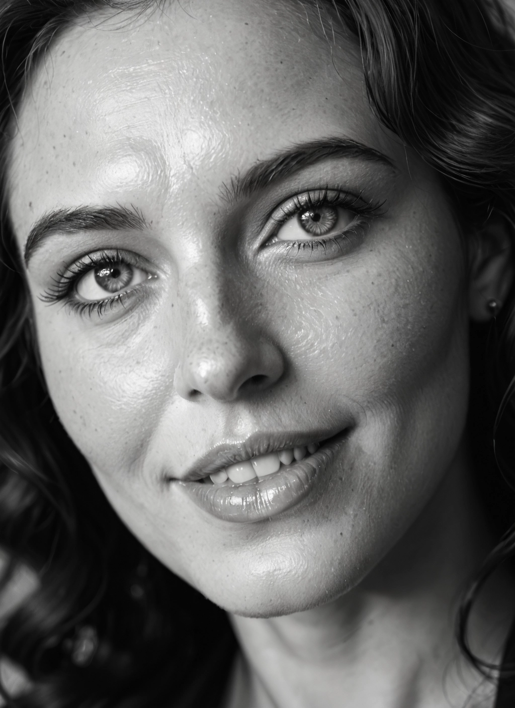 monochrome, greyscale, 1girl, solo, smile, realistic · Yamete.gg