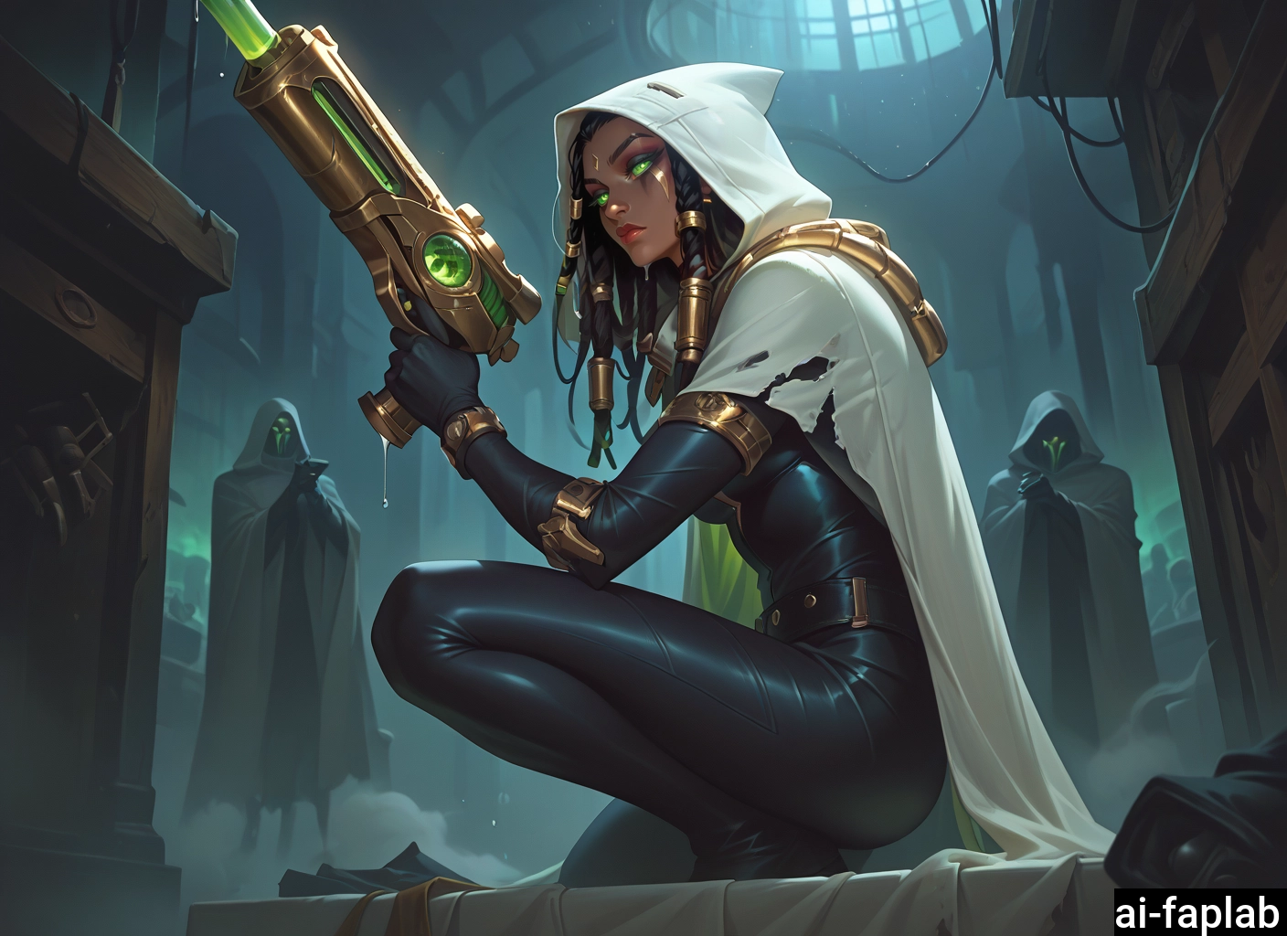 weapon, 1girl, dark-skinned female, green eyes, gun, dark skin · Yamete.gg