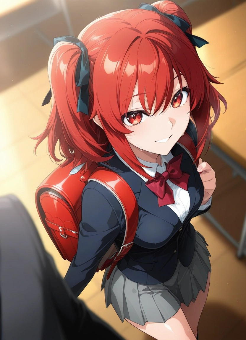1girl, skirt, red eyes, red hair, backpack, school uniform · Yamete.gg
