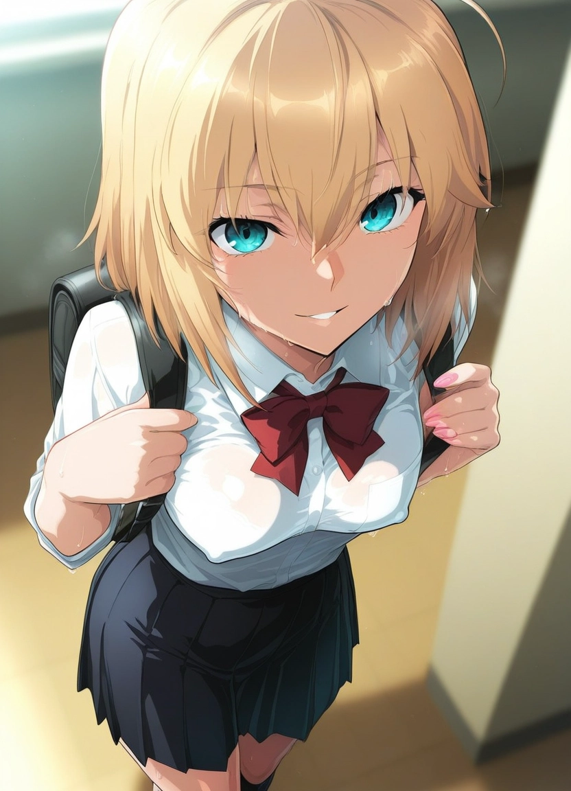 1girl, blonde hair, solo, skirt, looking at viewer, bag · Yamete.gg