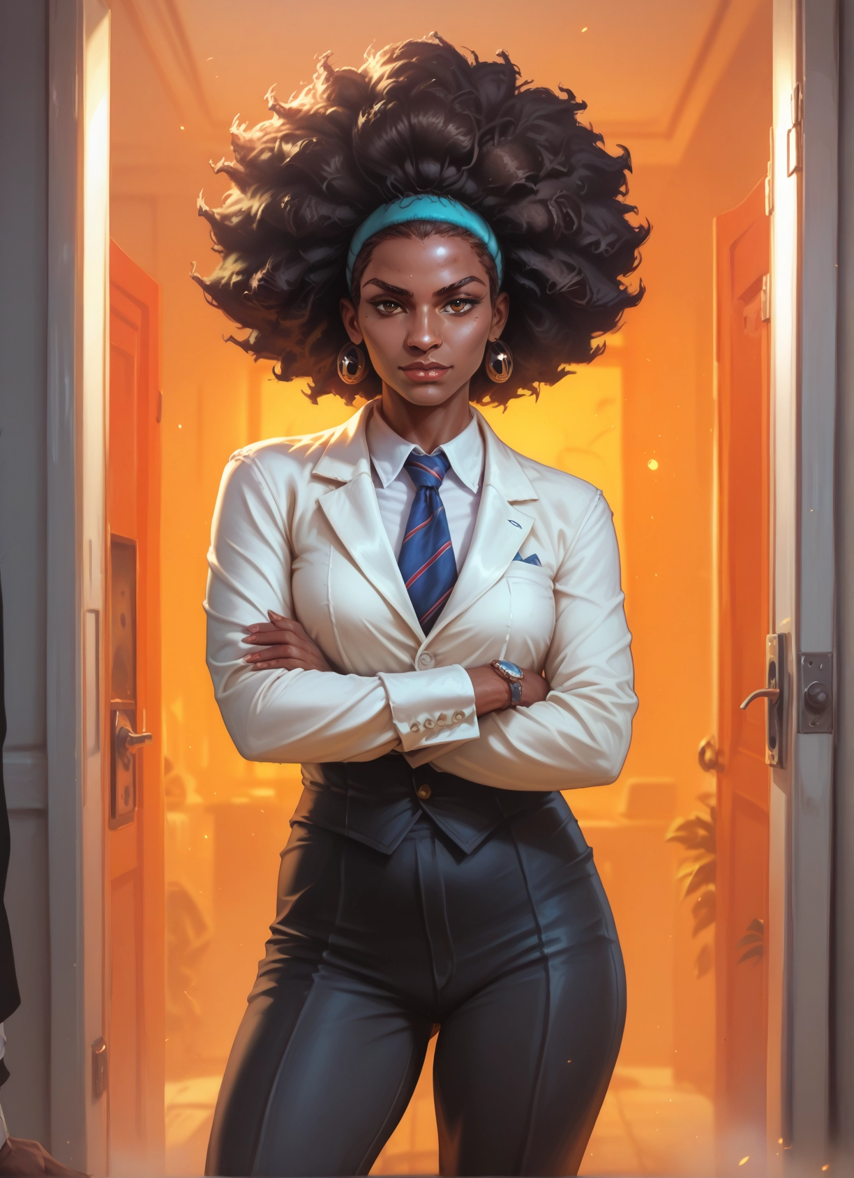1girl, jewelry, earrings, dark skin, necktie, crossed arms · Yamete.gg