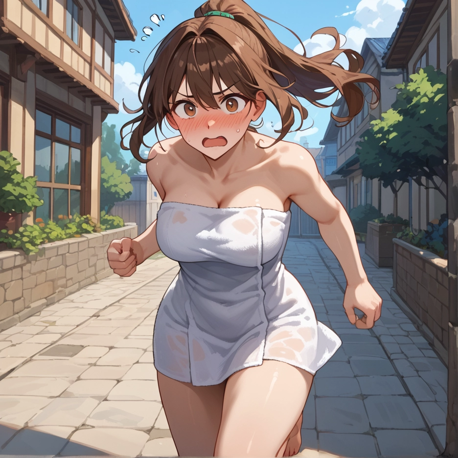 1girl, breasts, brown hair, towel, blush, naked towel · Yamete.gg