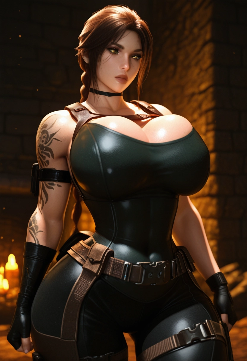 1girl, breasts, brown hair, gloves, solo, belt · Yamete.gg