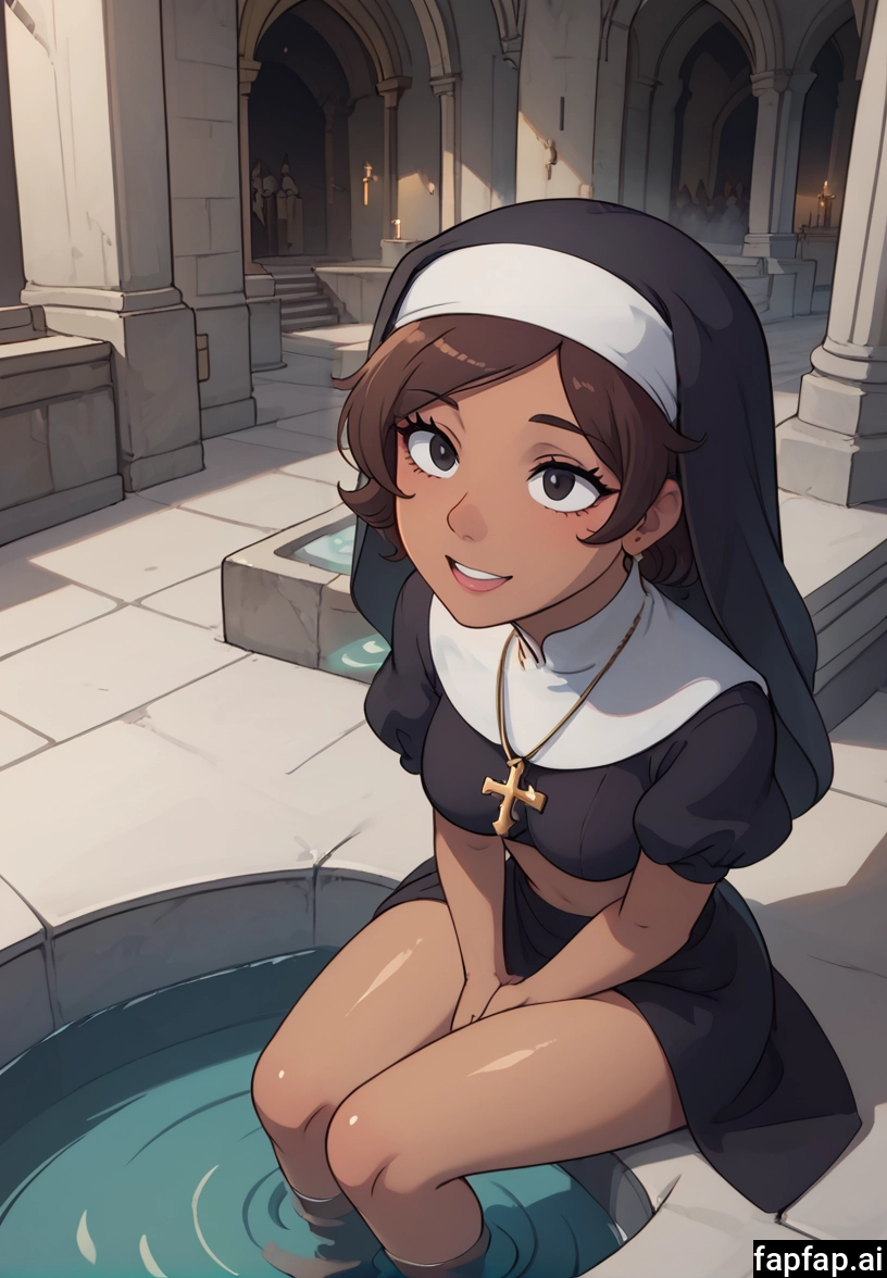 1girl, solo, brown hair, cross, jewelry, soaking feet · Yamete.gg