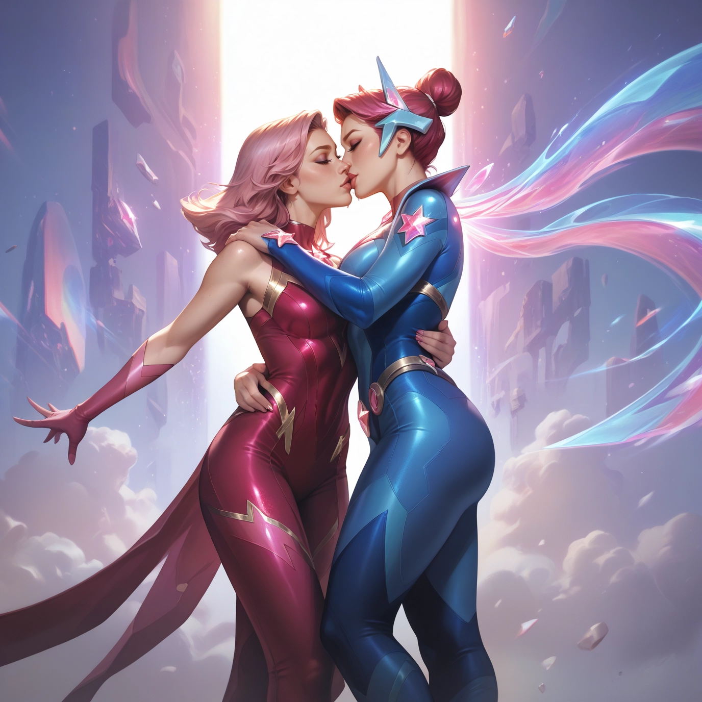 multiple girls, 2girls, yuri, bodysuit, pink hair, breasts · Yamete.gg