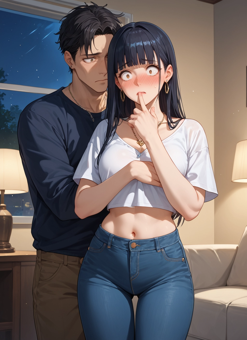 1girl, 1boy, blush, jewelry, navel, earrings · Yamete.gg