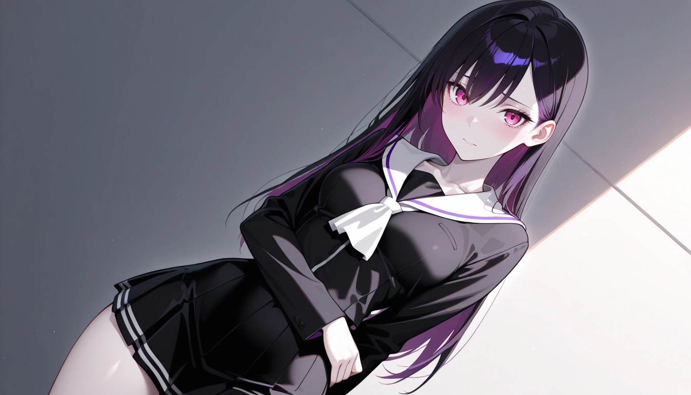 1girl, solo, skirt, long hair, black shirt, looking at viewer · Yamete.gg