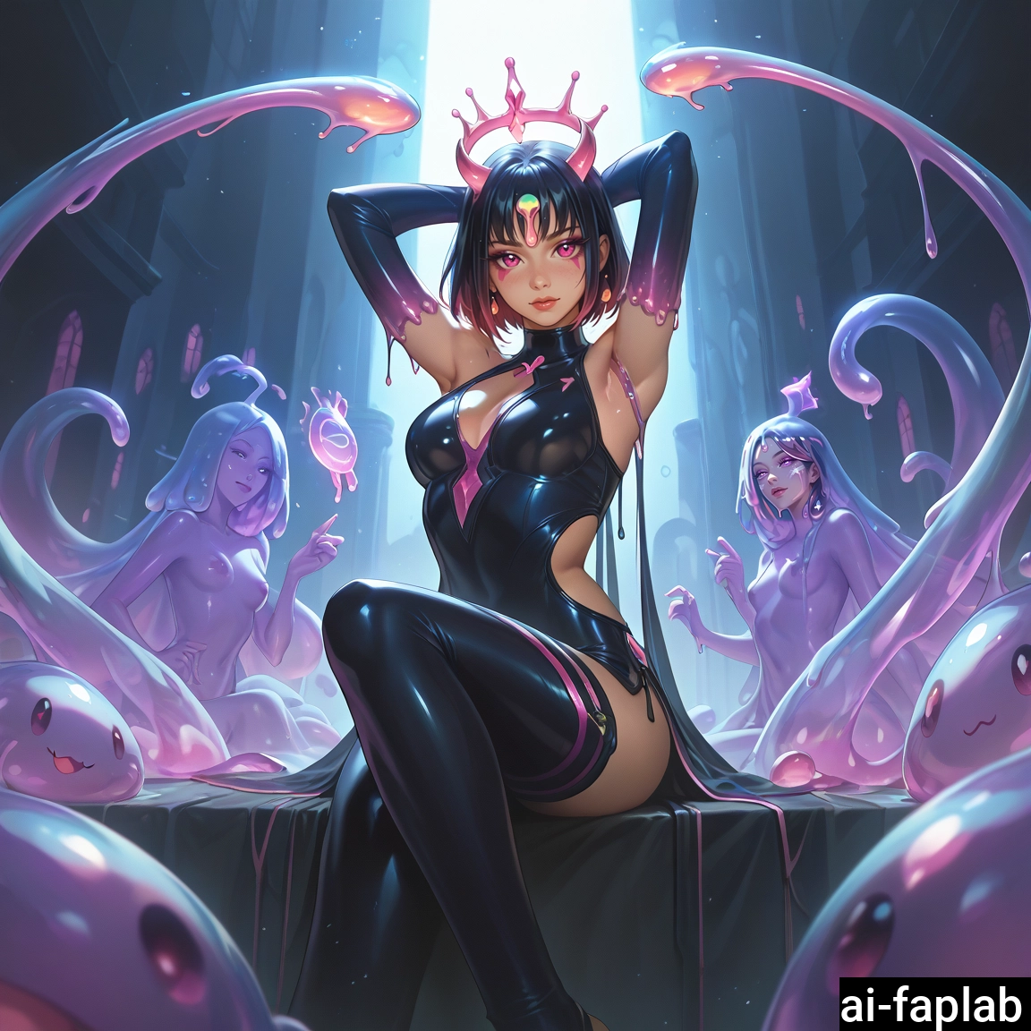 multiple girls, breasts, thighhighs, black hair, slime (substance), sitting · Yamete.gg
