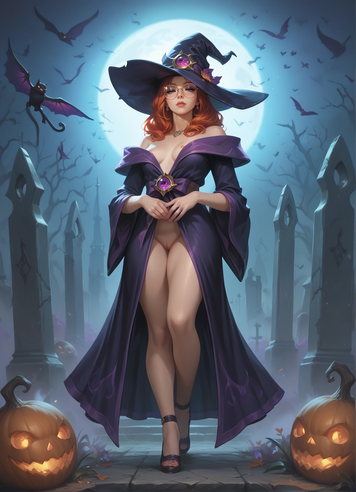 1girl, hat, witch hat, breasts, moon, glasses · Yamete.gg