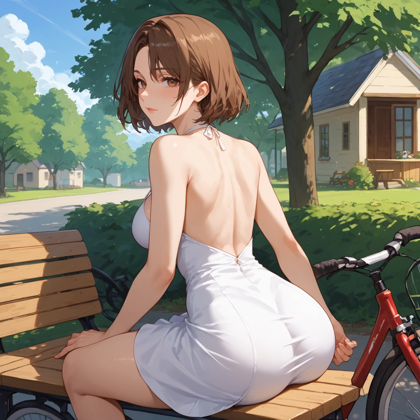 1girl, ass, brown hair, dress, ground vehicle, bicycle · Yamete.gg