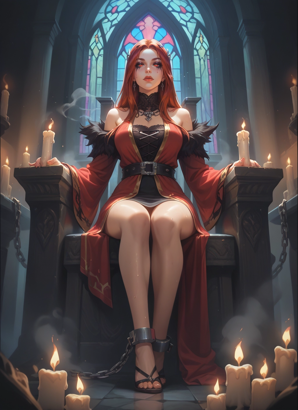 1girl, candle, sitting, breasts, long hair, chain · Yamete.gg