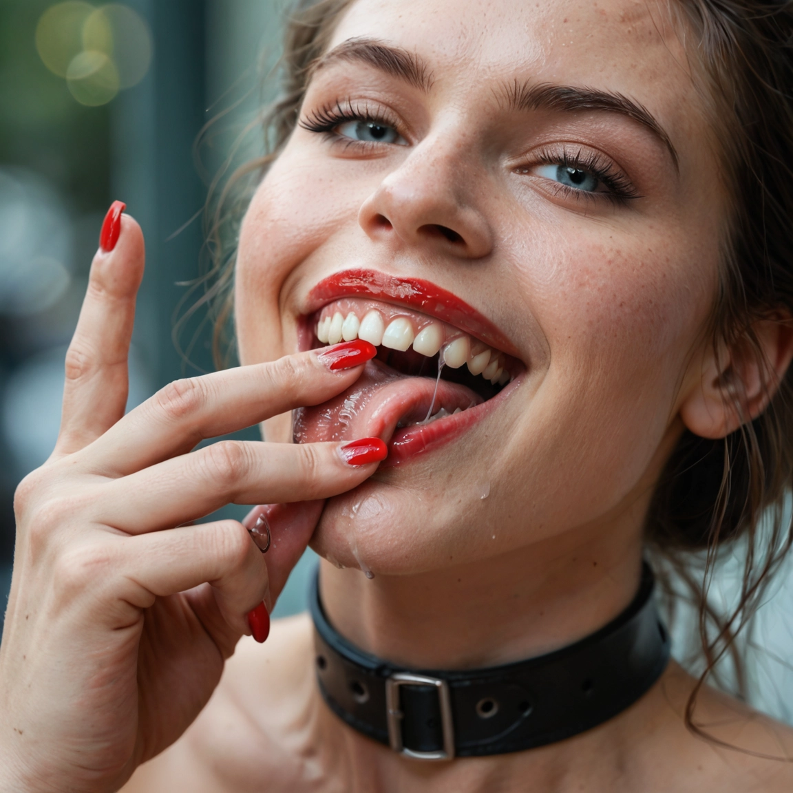 1girl, solo, tongue, collar, saliva, teeth · Yamete.gg
