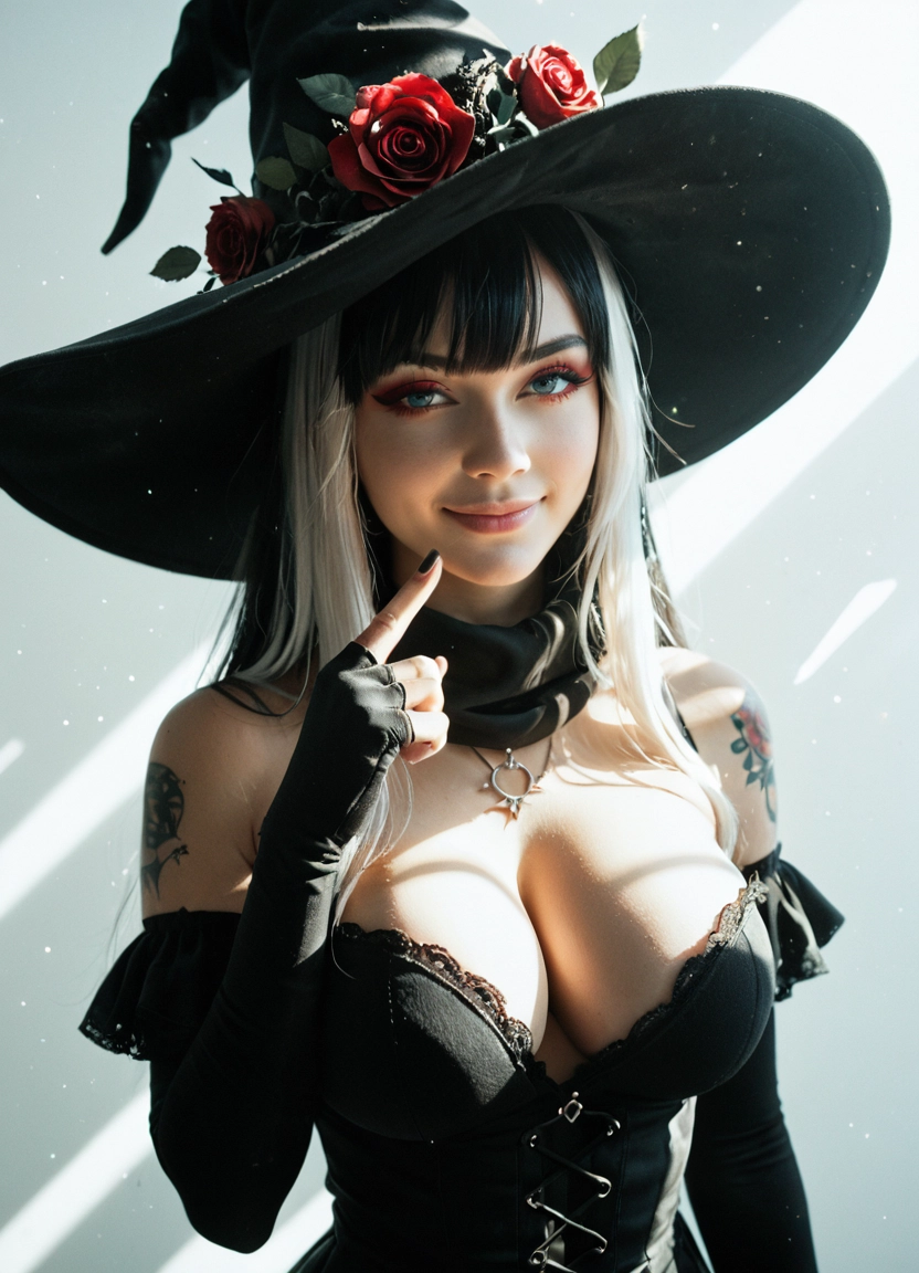 1girl, breasts, solo, hat, witch hat, hat flower · Yamete.gg