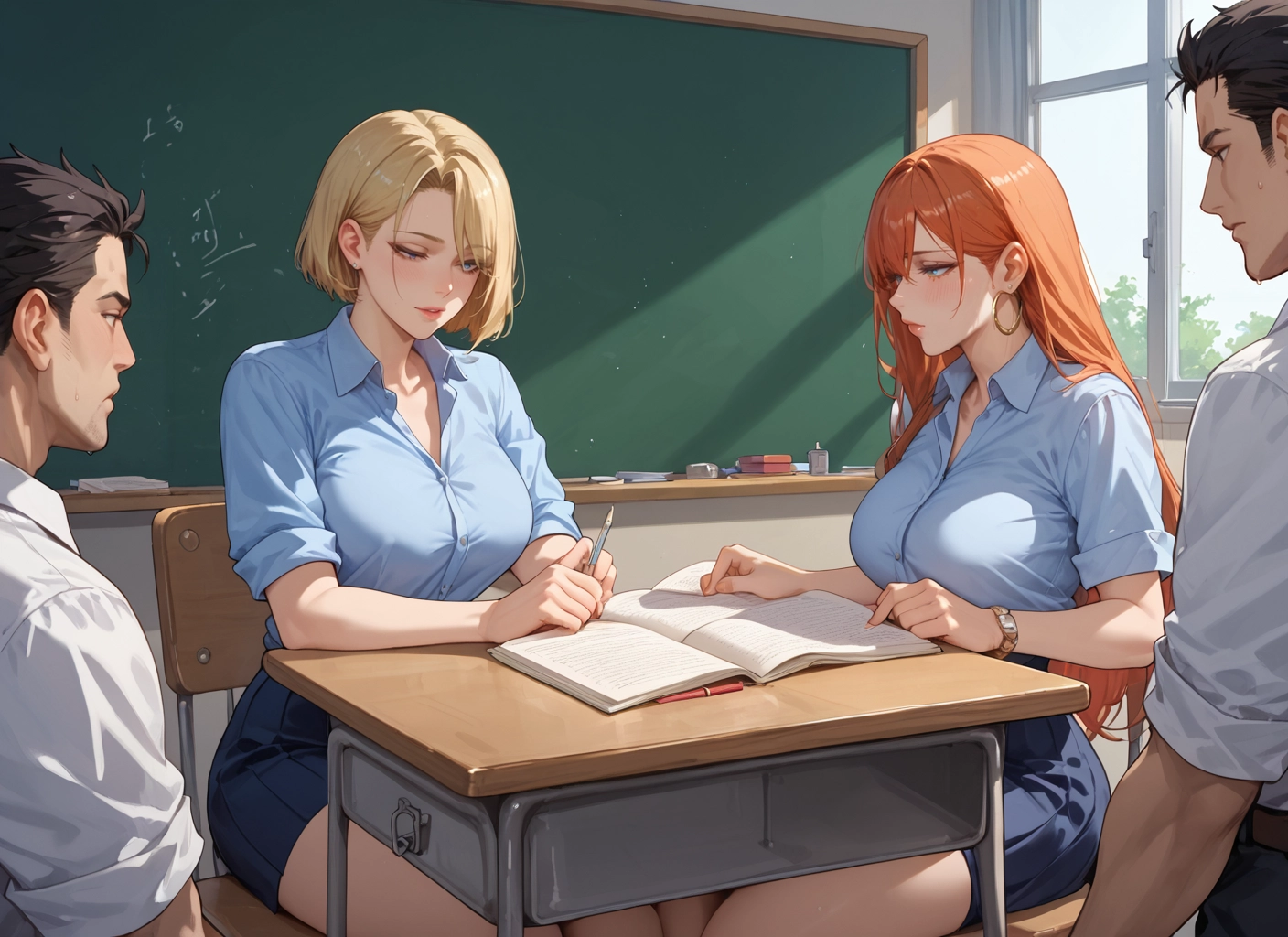 breasts, skirt, multiple girls, jewelry, blonde hair, earrings · Yamete.gg