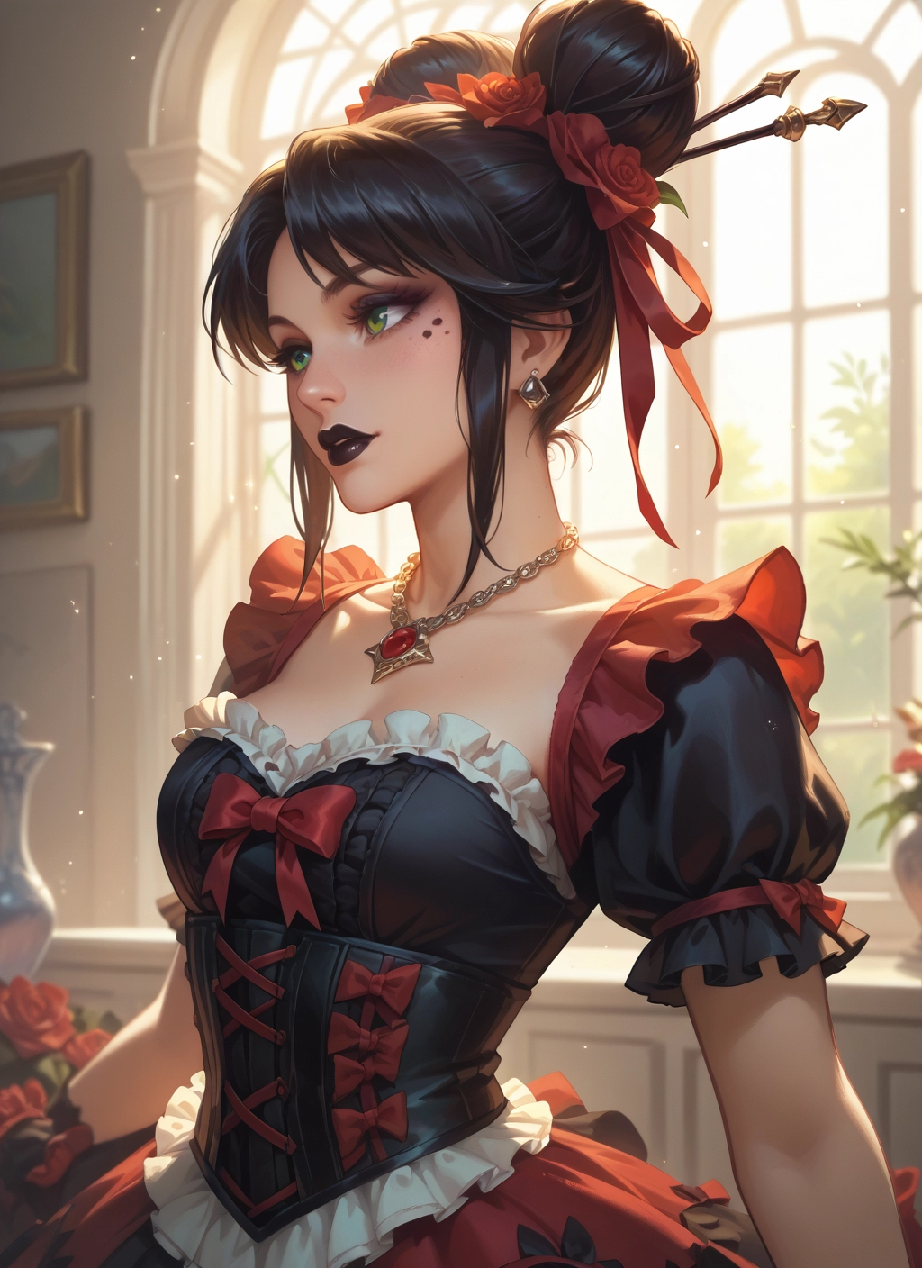 1girl, solo, jewelry, green eyes, hair ornament, flower · Yamete.gg