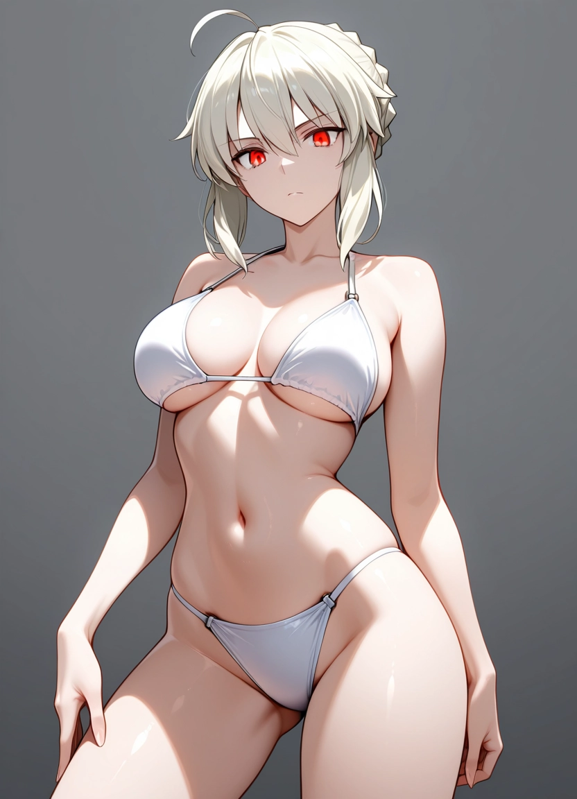 1girl, breasts, swimsuit, solo, red eyes, navel