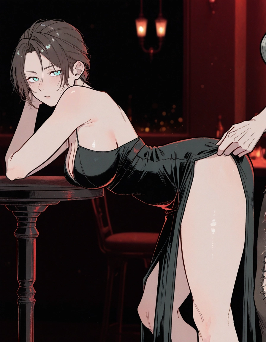 breasts, dress, 1girl, cleavage, black dress, large breasts · Yamete.gg
