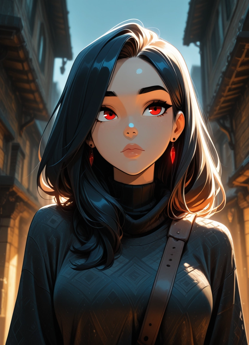 1girl, solo, red eyes, jewelry, earrings, black hair