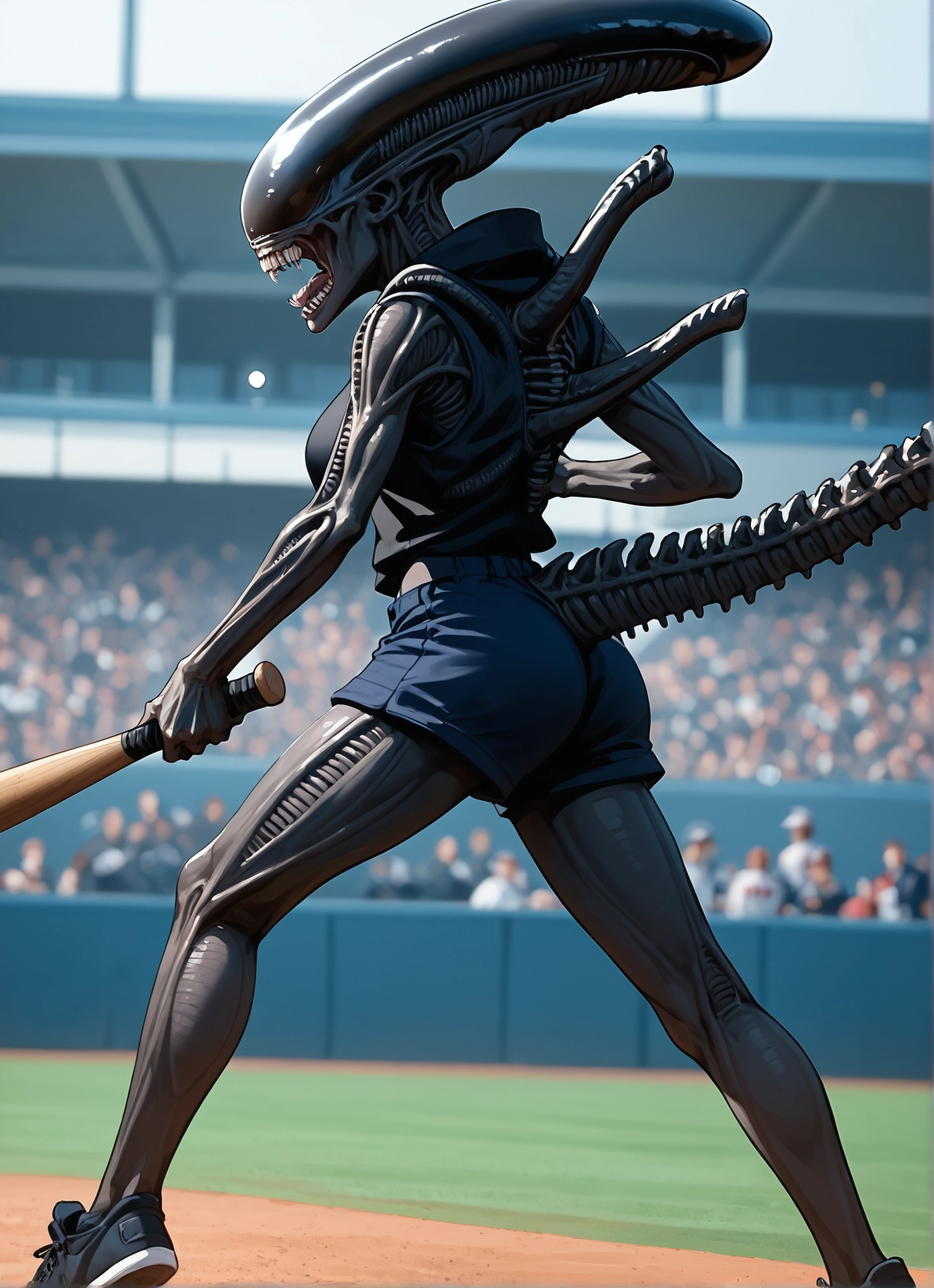 shorts, baseball bat, 1girl, hood, teeth, hoodie · Yamete.gg