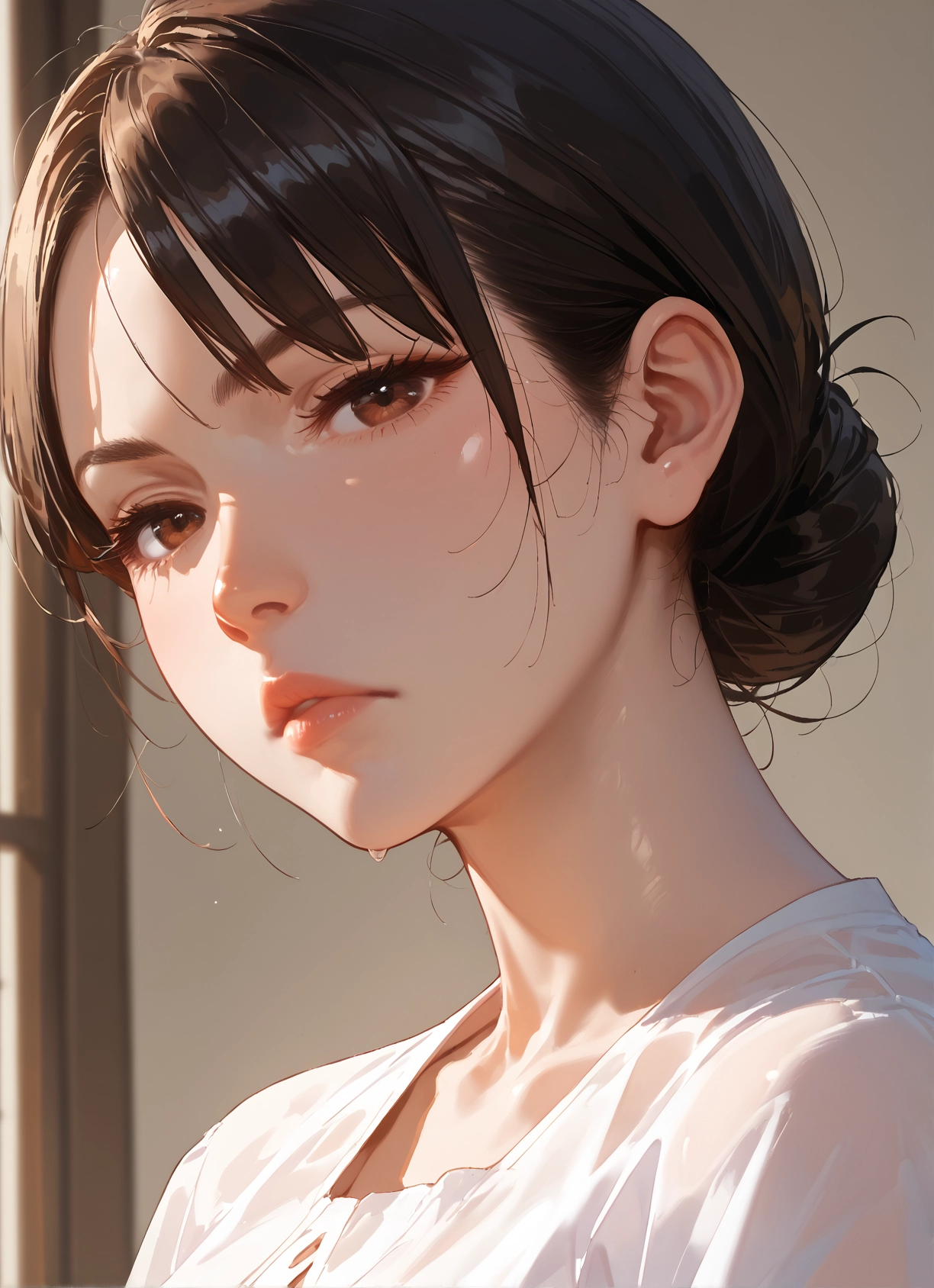 1girl, solo, brown eyes, looking at viewer, shirt, brown hair · Yamete.gg