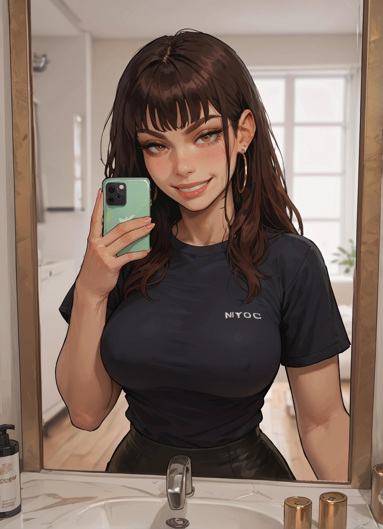 1girl, breasts, jewelry, phone, earrings, brown hair · Yamete.gg