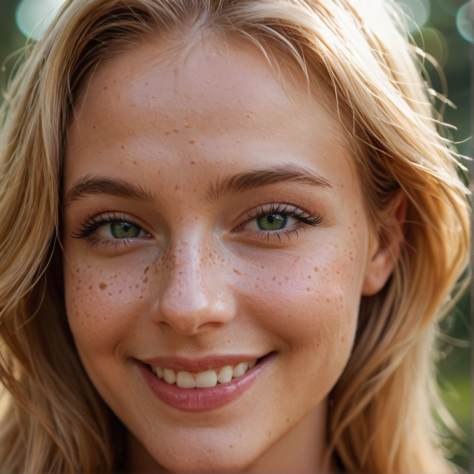 1girl, solo, freckles, smile, green eyes, blonde hair · Yamete.gg
