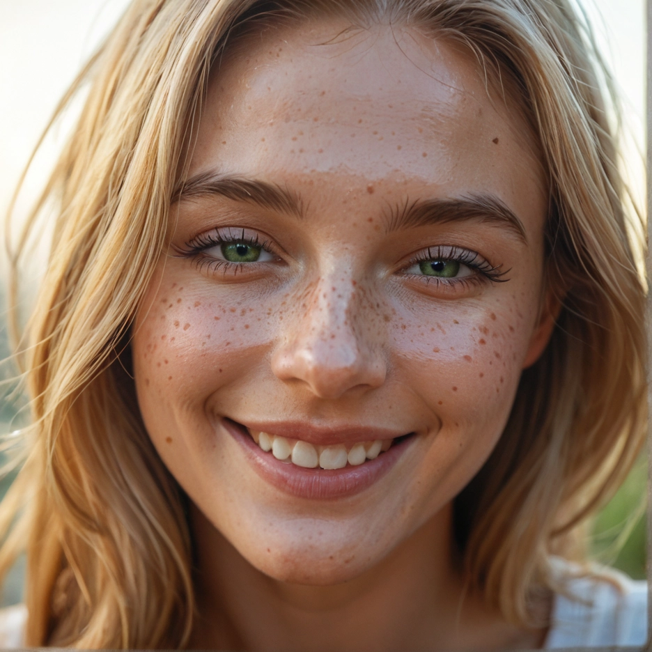 1girl, solo, green eyes, freckles, blonde hair, smile · Yamete.gg