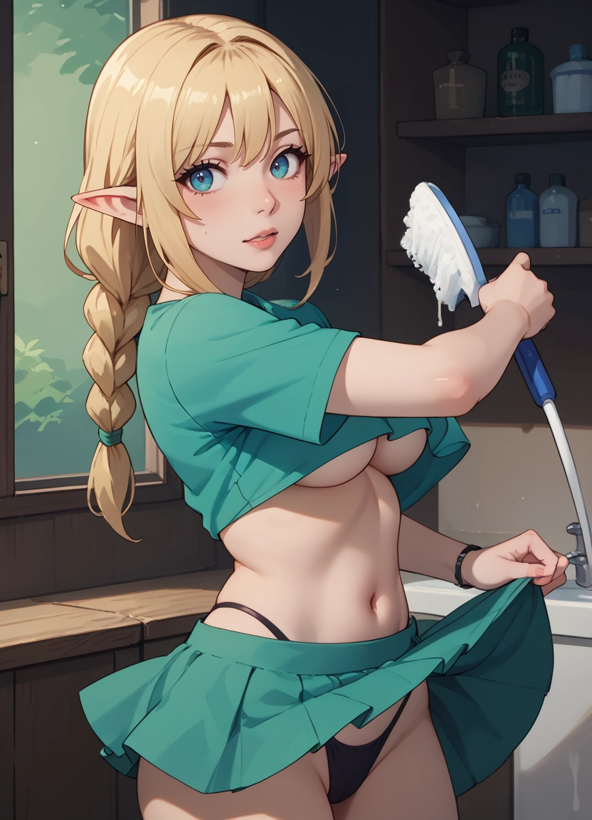 1girl, breasts, solo, skirt, clothes lift, pointy ears · Yamete.gg