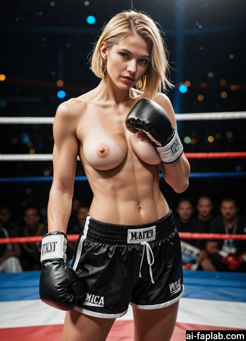 1girl, nipples, breasts, boxing gloves, topless, blonde hair