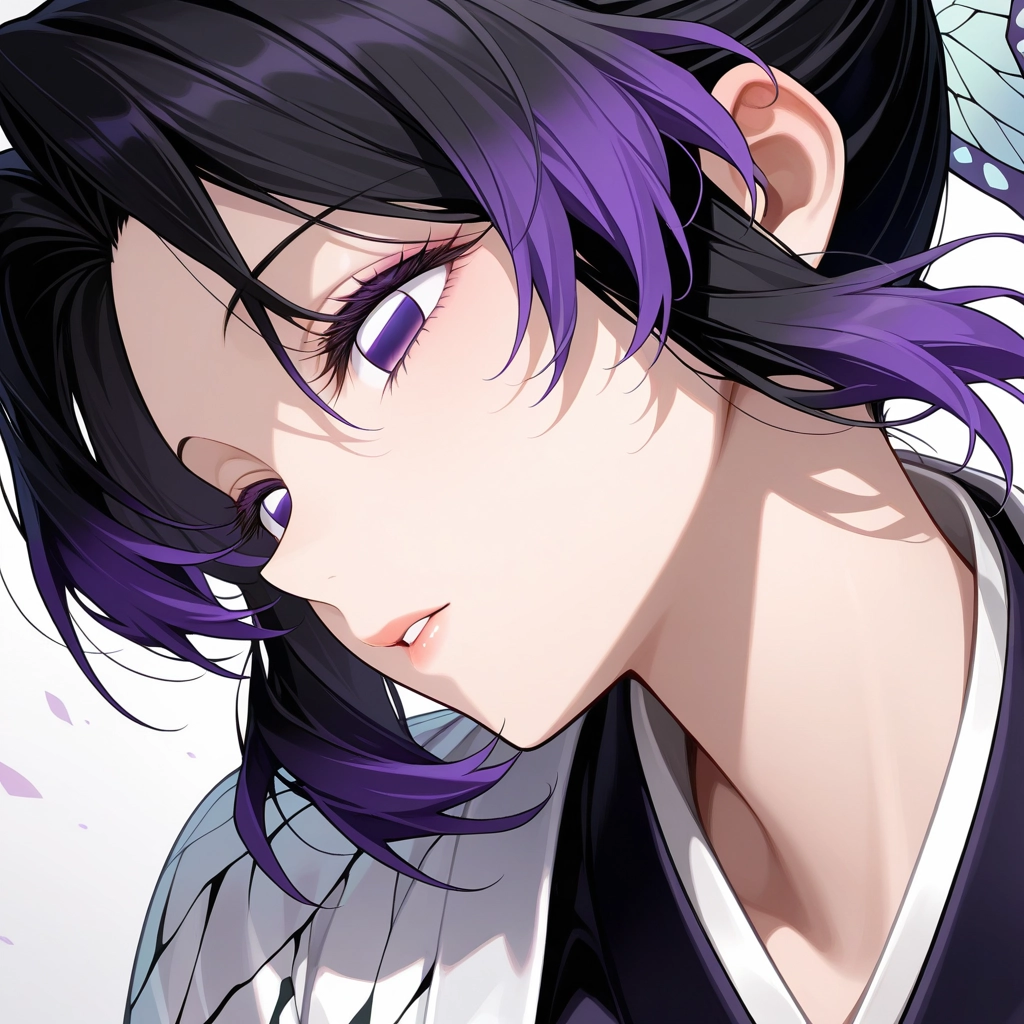 1girl, solo, purple eyes, hair ornament, purple hair, japanese clothes · Yamete.gg