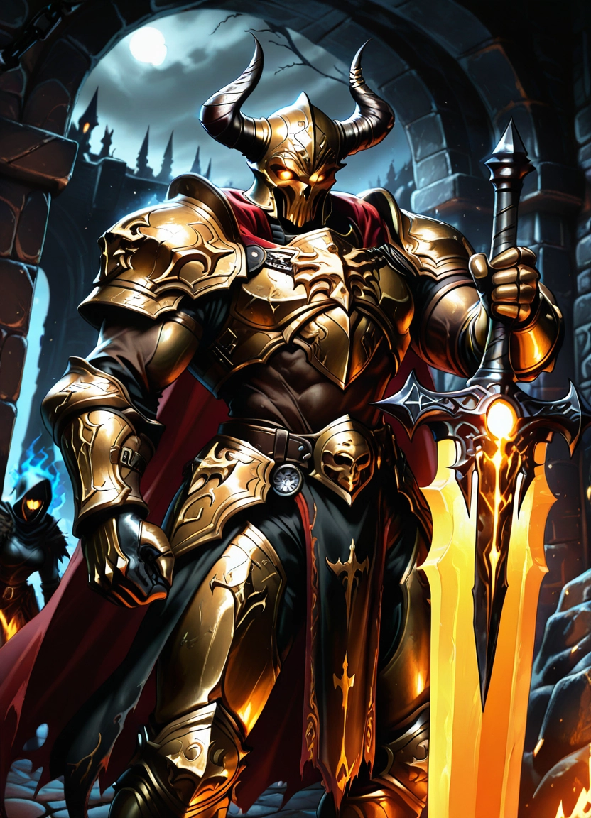 armor, weapon, sword, horns, glowing, helmet · Yamete.gg