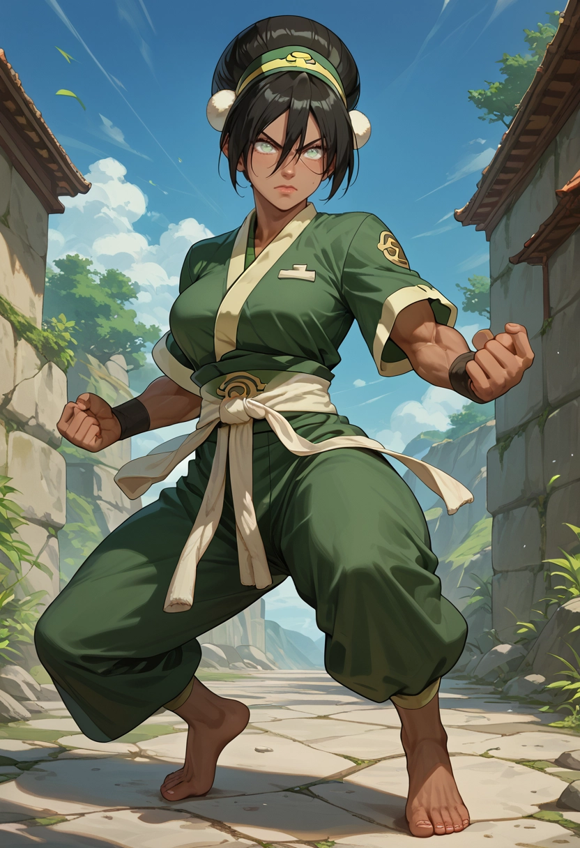 1girl, blind, fighting stance, barefoot, solo, dark-skinned female · Yamete.gg