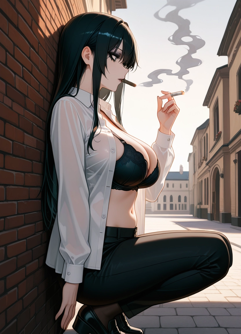 1girl, shirt, bra, cigarette, solo, breasts · Yamete.gg