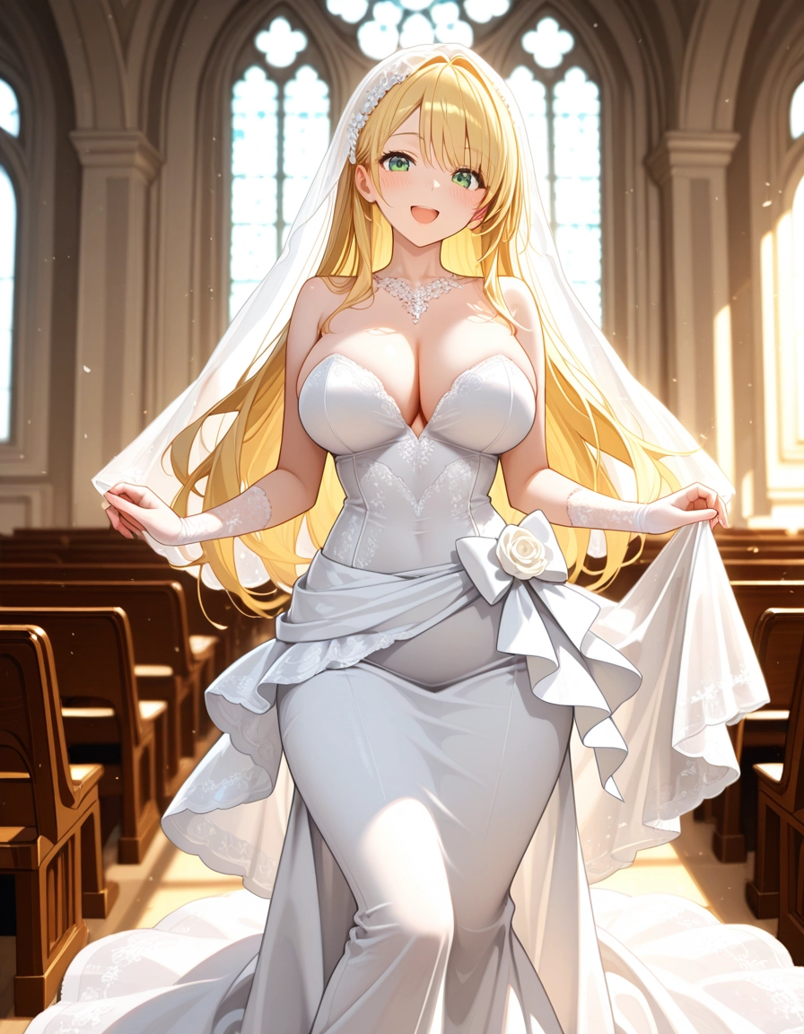 1girl, breasts, blonde hair, solo, dress, green eyes · Yamete.gg