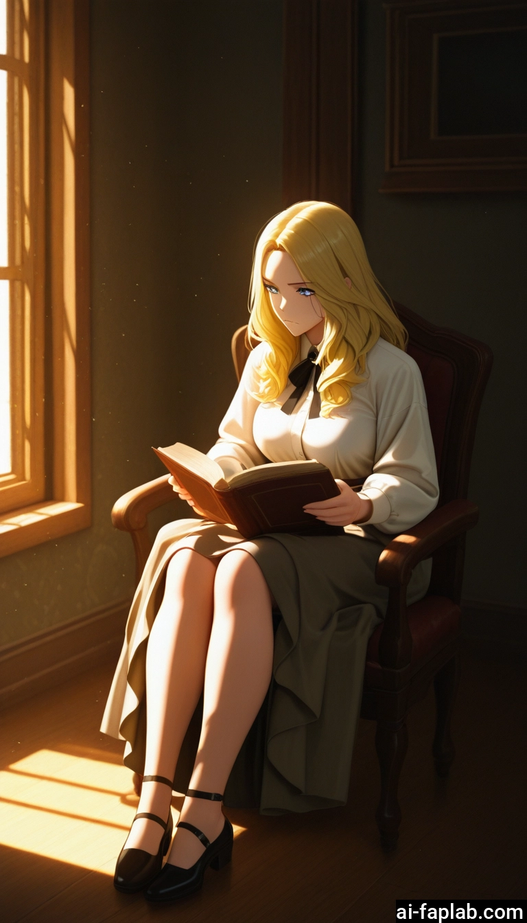 1girl, blonde hair, book, solo, sitting, blue eyes · Yamete.gg