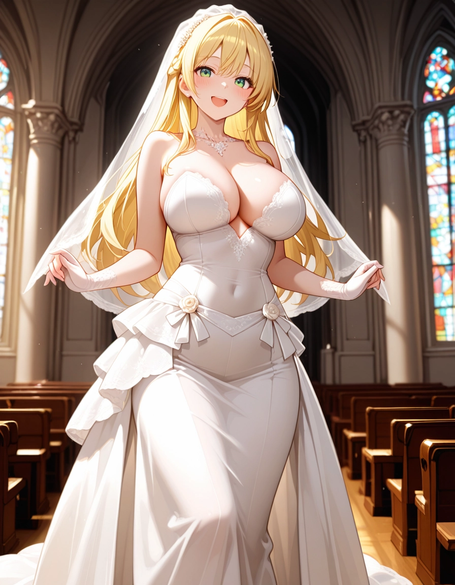 1girl, breasts, solo, blonde hair, green eyes, dress · Yamete.gg